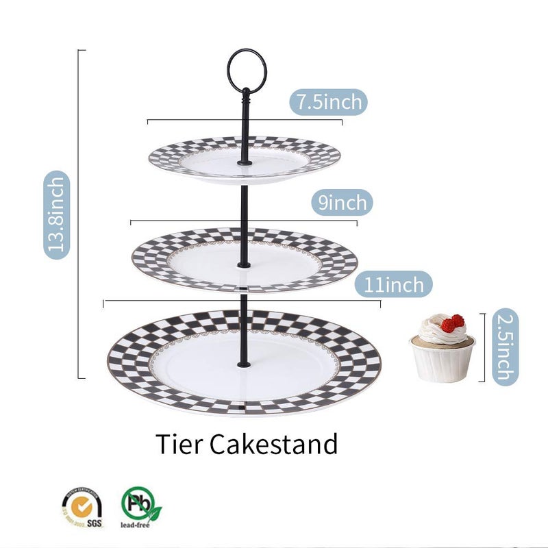 Porlien Checker Pattern 3 Tier Cake Stand for Desserts, Cupcakes, Cookies and Pastry